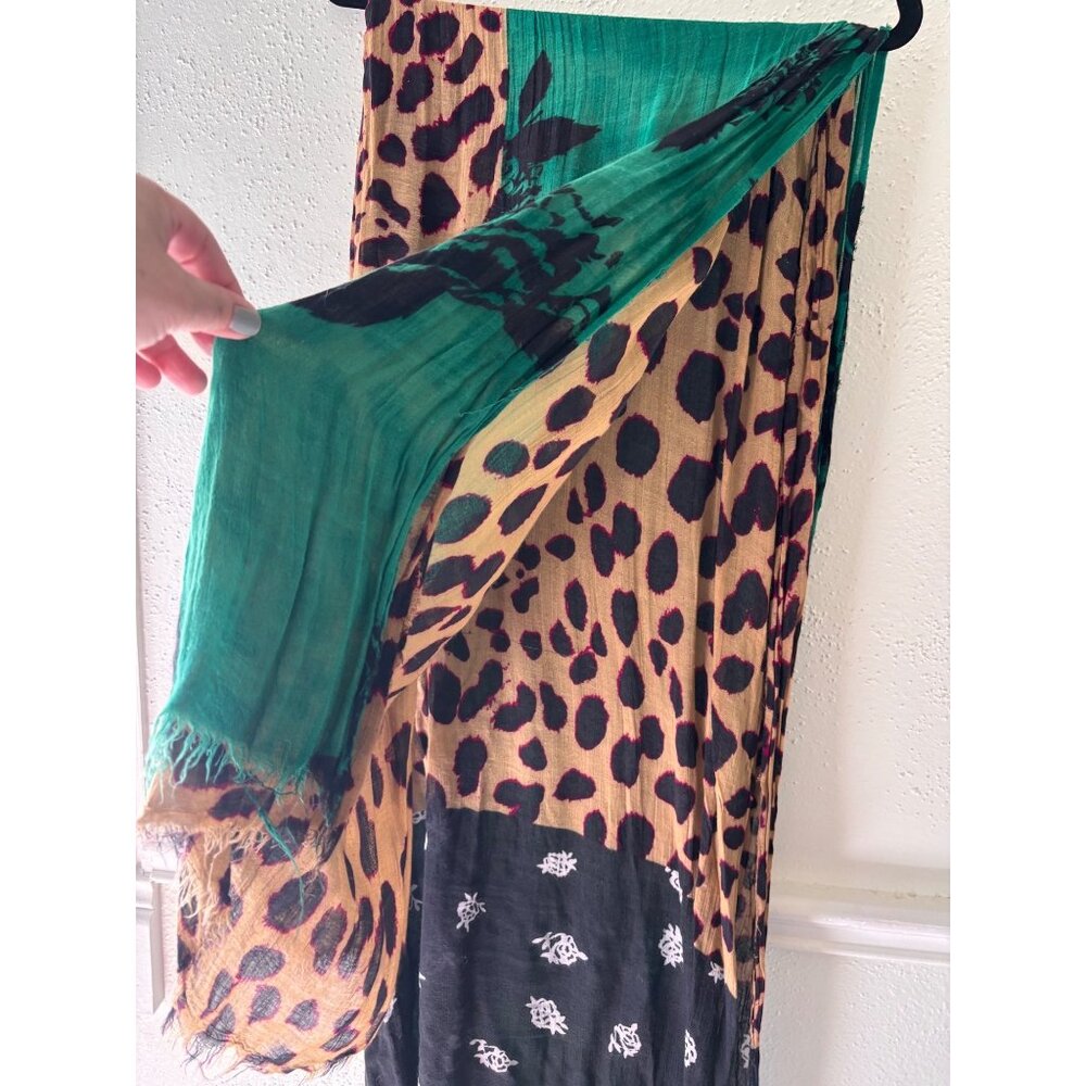 Zara Accessories Green Black Leopard Floral Mix Media Print Scarf Wrap - Picture 4 of 6